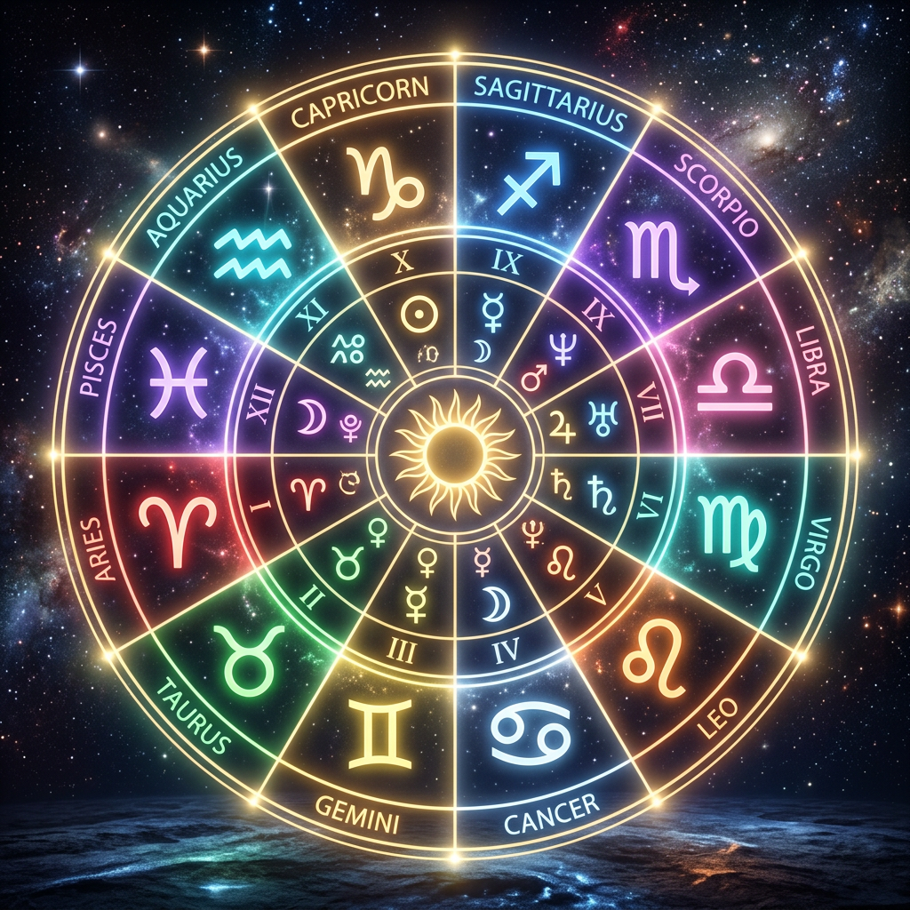 Zodiac wheel with twelve zodiac signs and associated planetary symbols