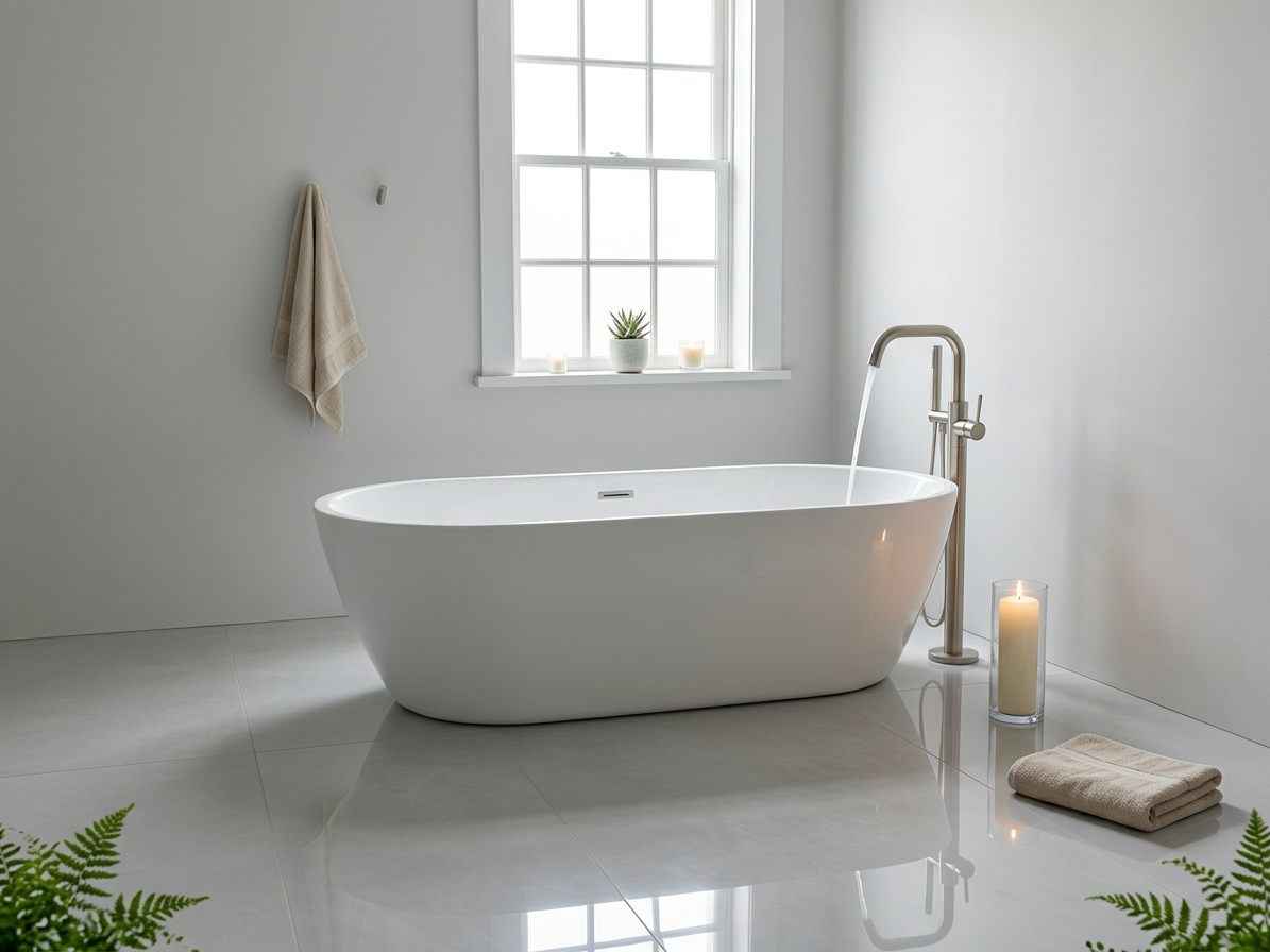 Modern freestanding bathtub setup Freestanding white bathtub with running faucet, towel, candle, and potted plant near window