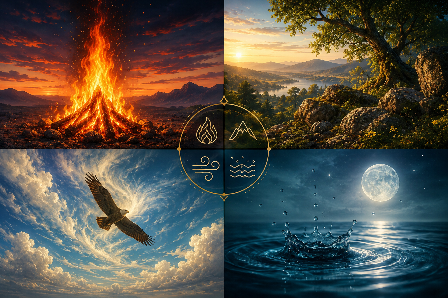 A collage featuring four elements: fire, earth, air, and water. The top left shows a vibrant campfire against a sunset sky. The top right depicts a serene landscape with mountains, trees, and a river under a golden light. The bottom left features an eagle soaring through a cloud-filled sky. The bottom right illustrates a droplet creating ripples on water, with a full moon in the background.