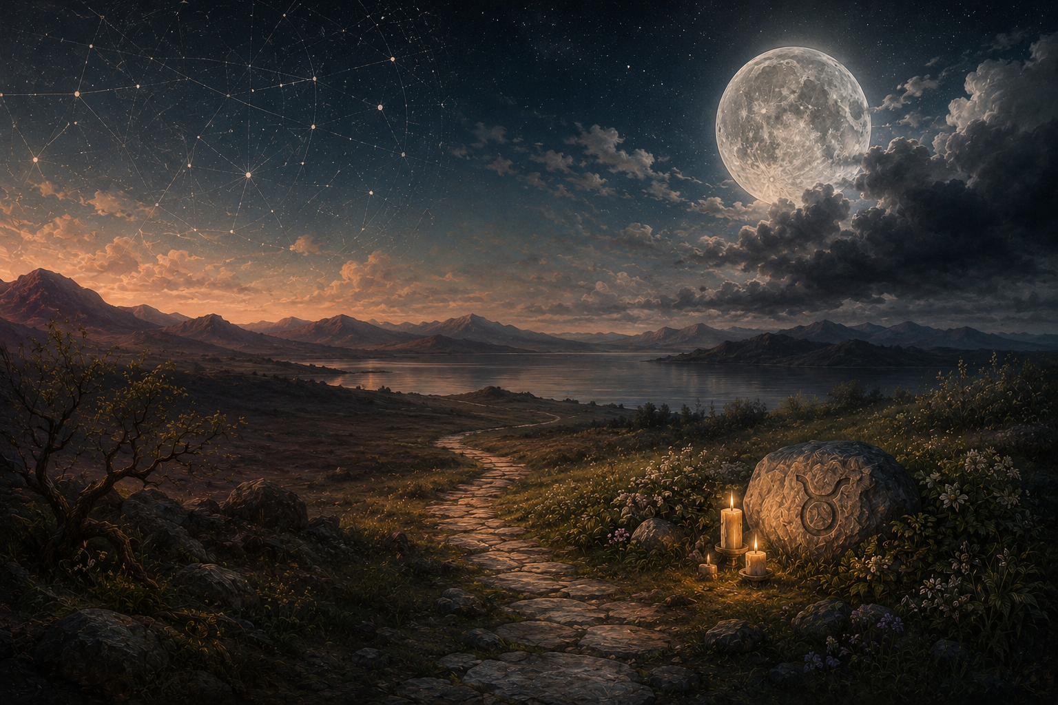 Star lit path beneath a full moon in the Taurus season, illustrating: May 2026 astrology forecast, Uranus in Gemini, Taurus New Moon 20226, Scorpio Full Moon 2026, and Gemini season astrology