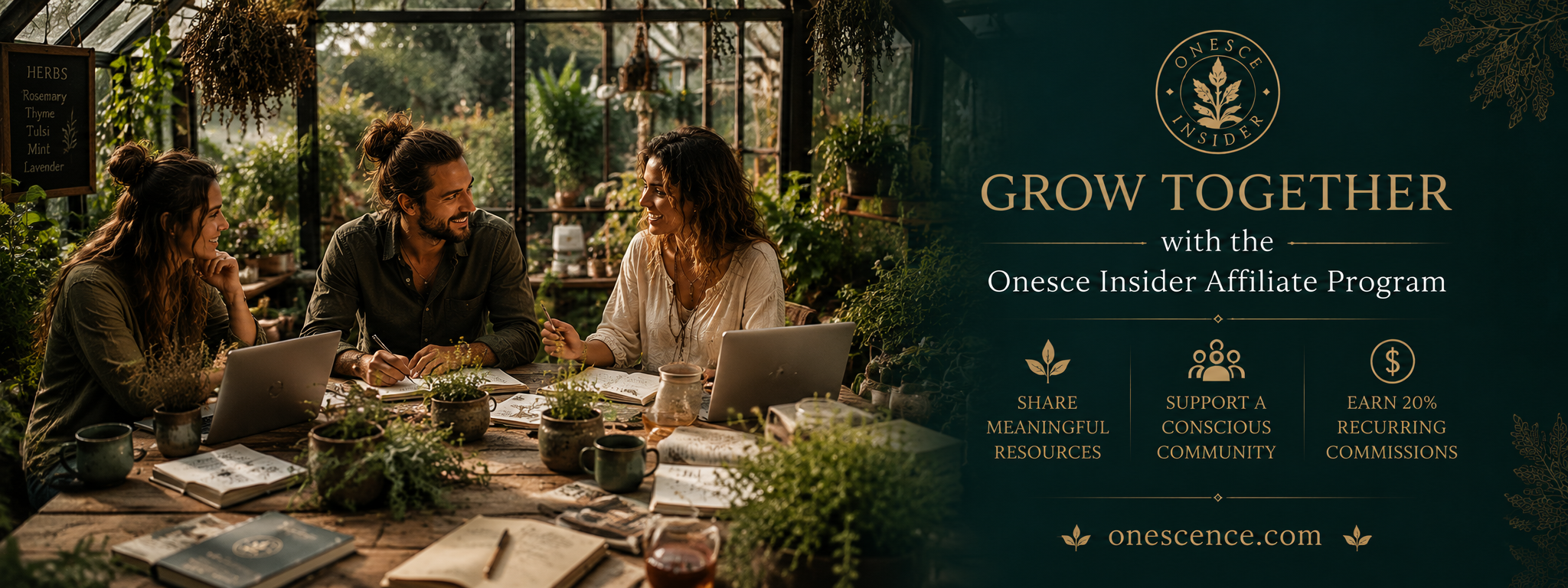 A group of three people engaged in discussion in a greenhouse, surrounded by plants and herbs, with laptops and notebooks on a wooden table, promoting the Onesce Insider Affiliate Program.