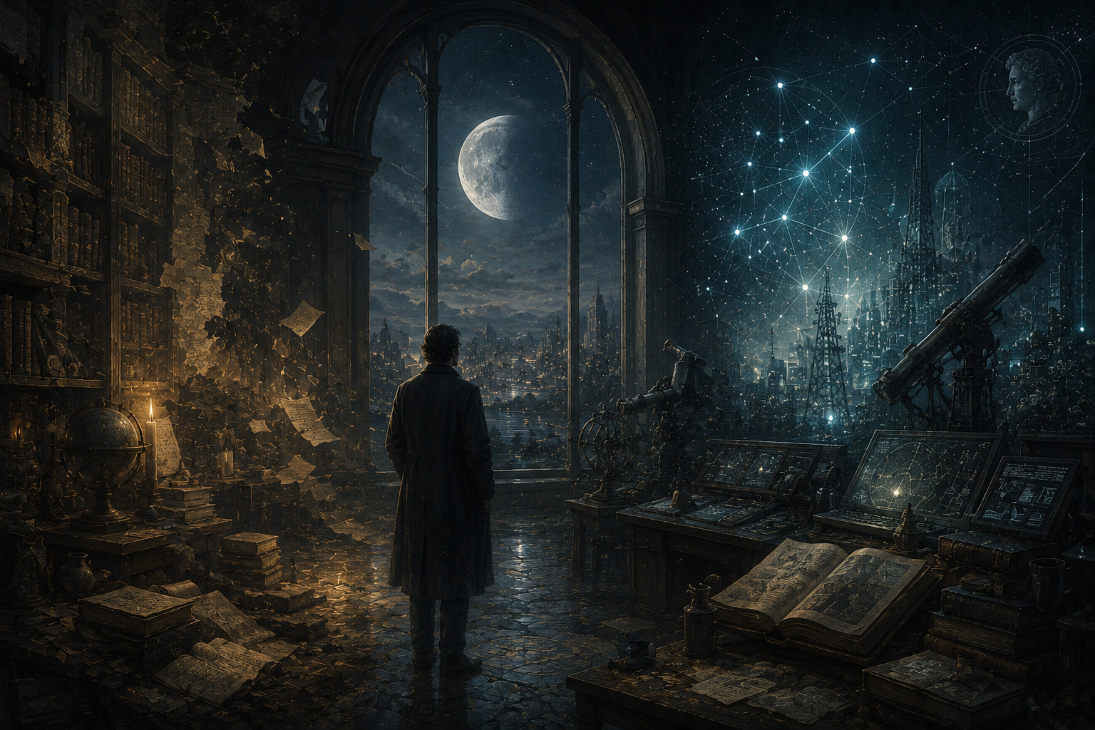 Man in an enchanting study looking at a quarter moon, illustrating: May 2026 astrology forecast, Uranus in Gemini, Taurus New Moon 20226, Scorpio Full Moon 2026, and Gemini season astrology
