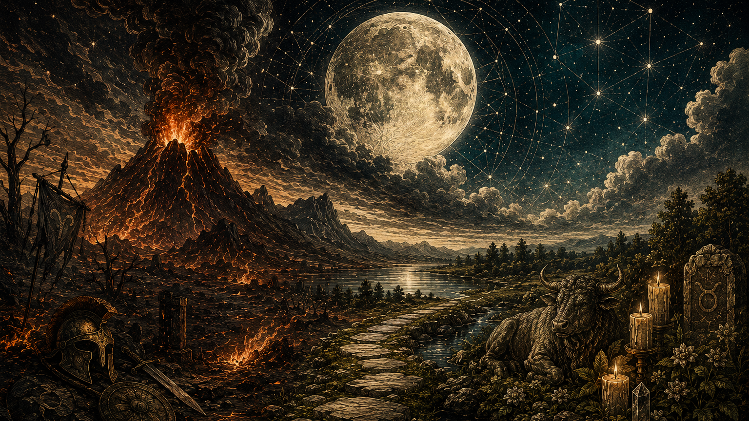 A dramatic landscape featuring an erupting volcano under a full moon, with a winding path, mountains, a river, and elements including an ancient helmet, shield, a bull, and candles amidst foliage.