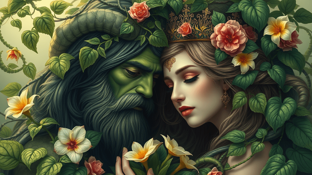 The May Queen and Green Man embrace in sacred union, illustrating Beltane traditions