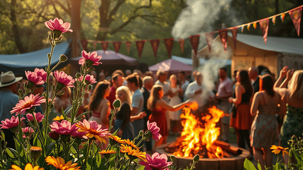 Flowers bloom before a scene of a Beltane festival; Pagan fire festival