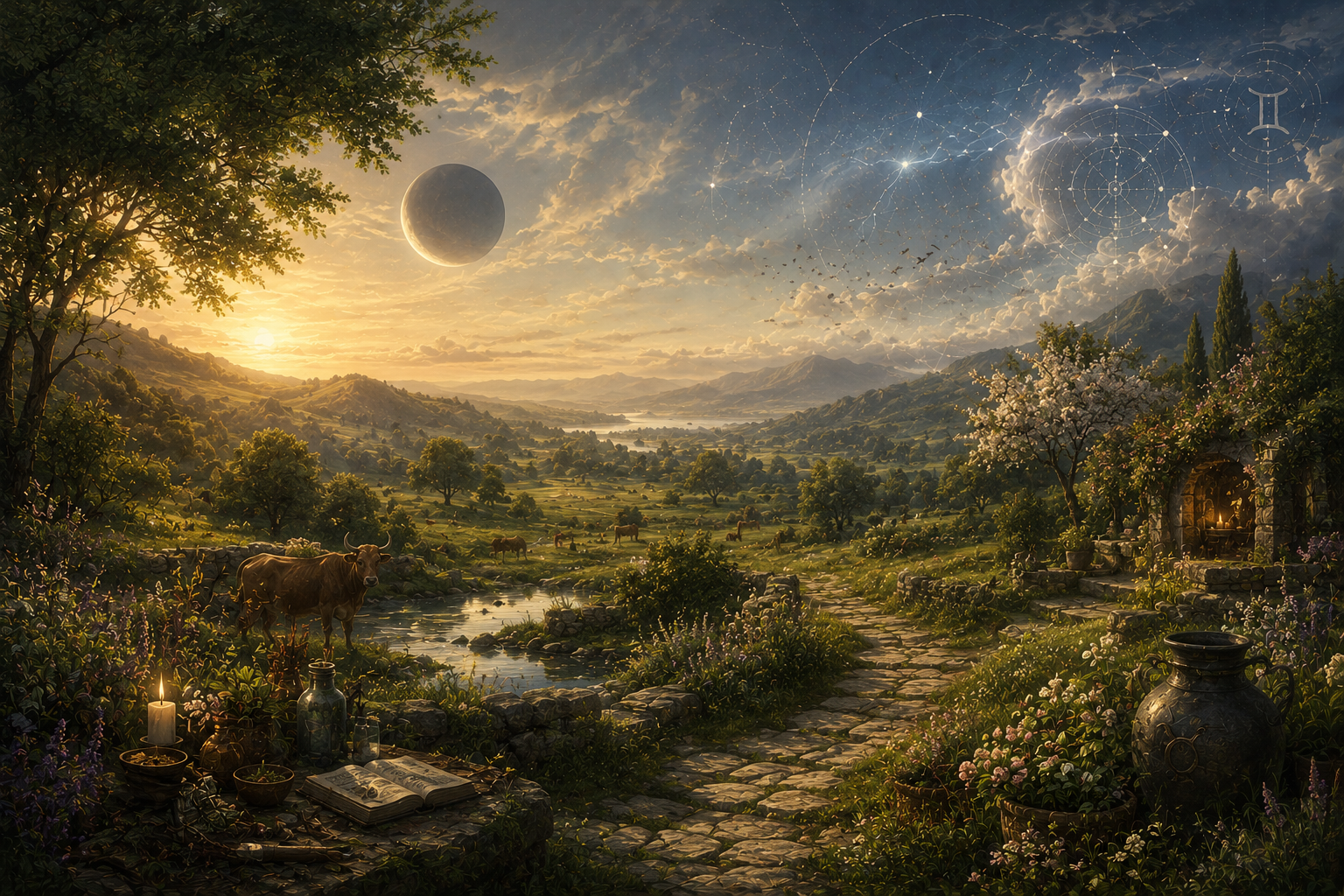 countryside, illustrating: May 2026 astrology forecast, Uranus in Gemini, Taurus New Moon 20226, Scorpio Full Moon 2026, and Gemini season astrology