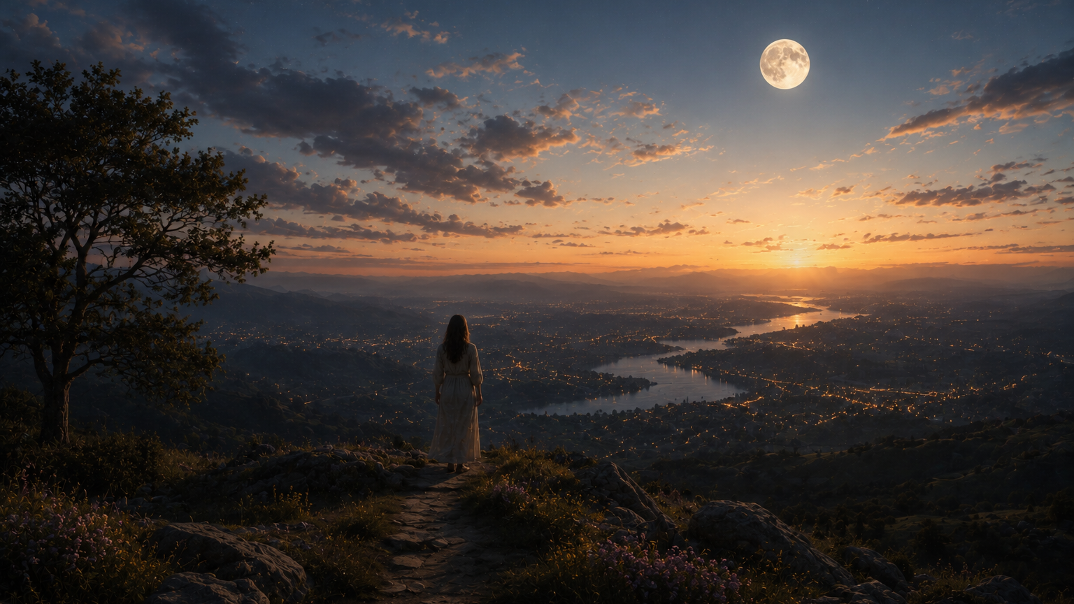 A woman in a long white dress stands on a rocky path overlooking a serene landscape at sunset, with a large full moon in the sky and a river reflecting the golden light.