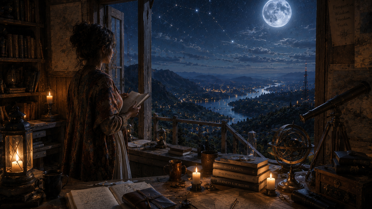 A woman stands by an open window, holding a book and gazing at a starry night sky with a large moon. The room is filled with candles, books, and antique decor, creating a cozy and mystical atmosphere. Outside, a river and hills are illuminated by distant lights.