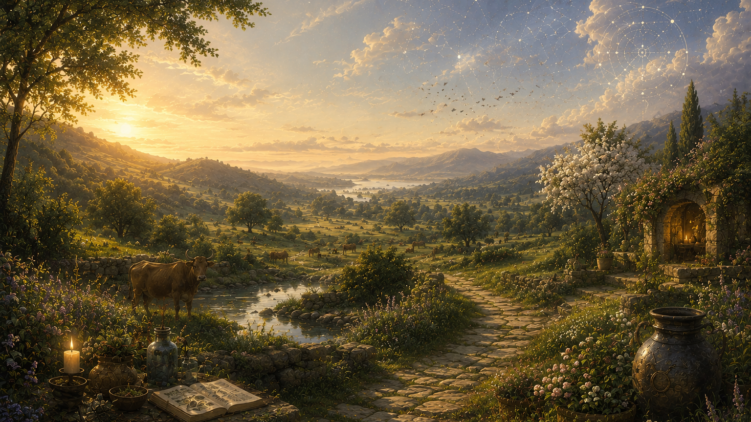 A serene countryside landscape at sunset, featuring rolling hills, grazing cows, a winding path, and a quaint stone cottage adorned with flowers. In the foreground, there are a candle, jars, and an open book among vibrant plants.