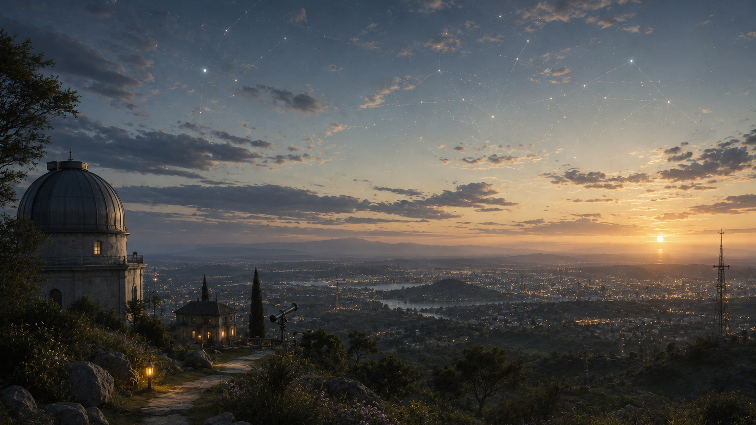 A scenic view of a landscape at sunset, featuring an observatory with a dome structure, a nearby telescope, and city lights in the valley below. The sky is filled with clouds and stars, with the sun dipping on the horizon.