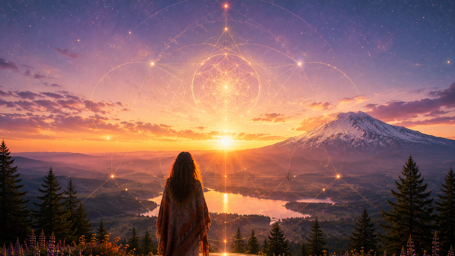 A serene landscape featuring a woman standing on a rocky ledge, overlooking a valley at sunset. The scene includes a majestic mountain, a shimmering lake, and a forested area, with ethereal geometric patterns glowing in the sky.