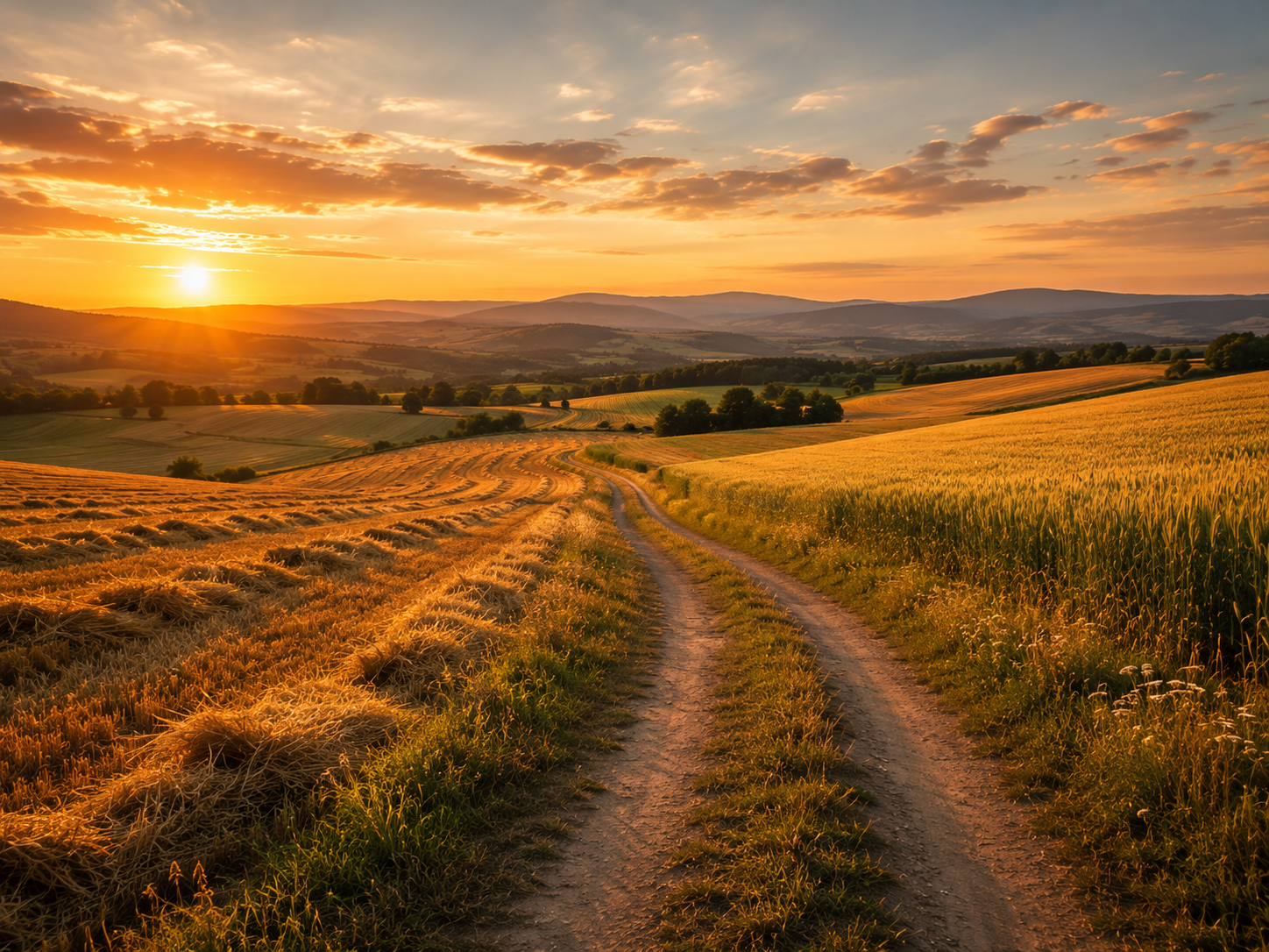 Lammas first harvest wheat fields at sunrise