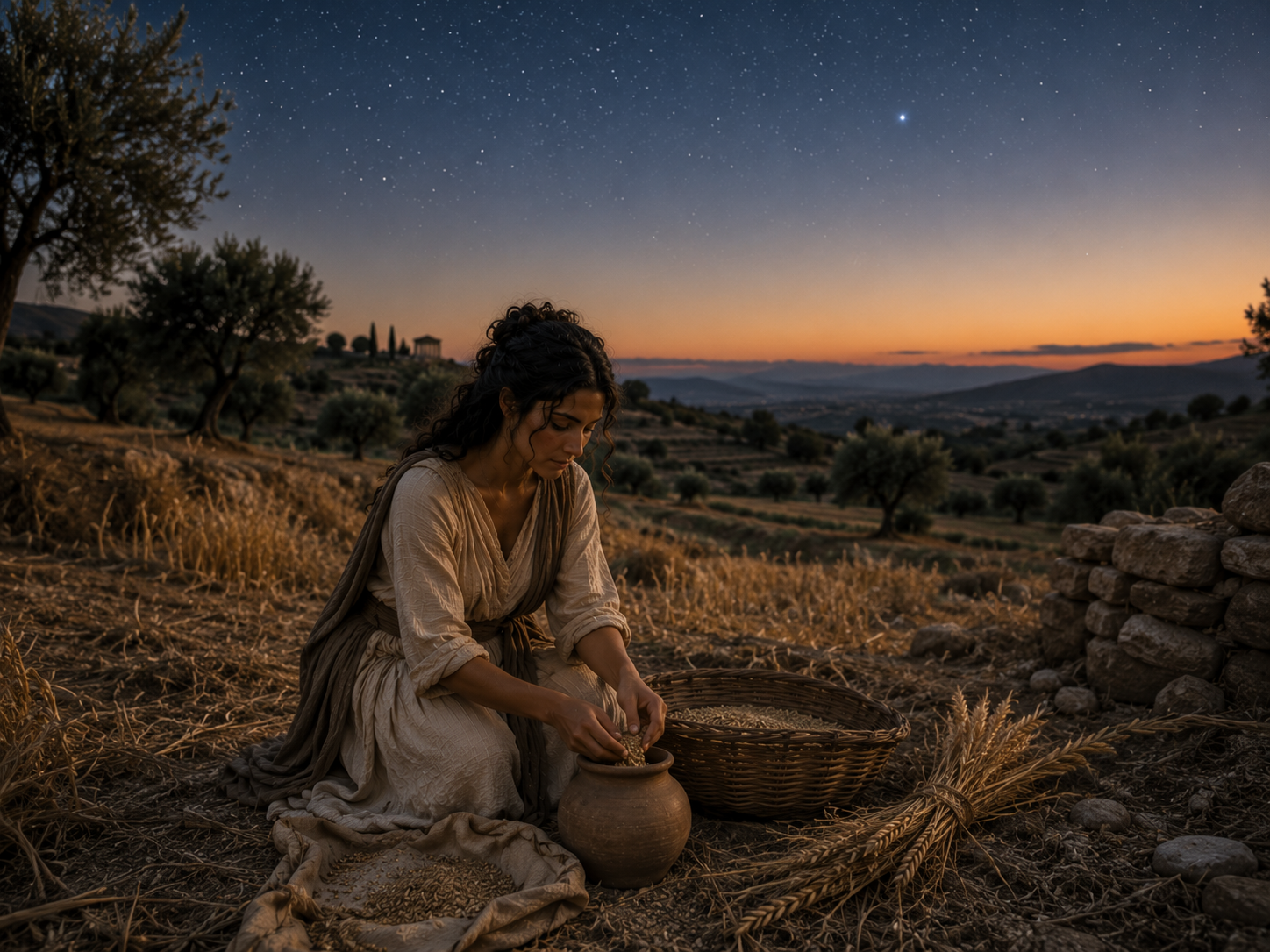 Goddess Astraea in a wheat field at night with her harvest