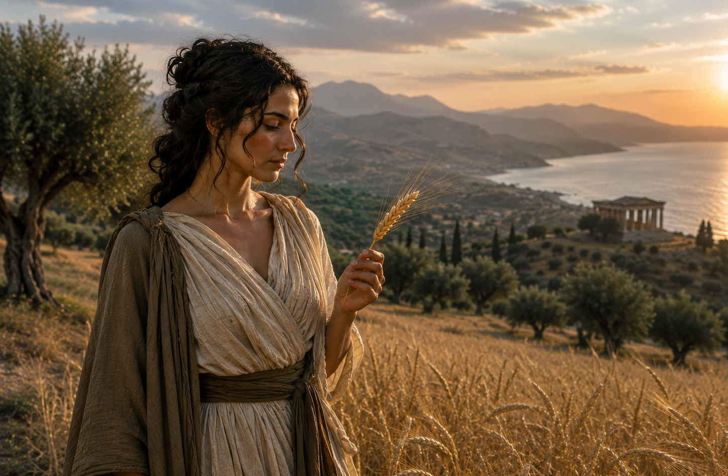 Goddess Astraea in a wheat field