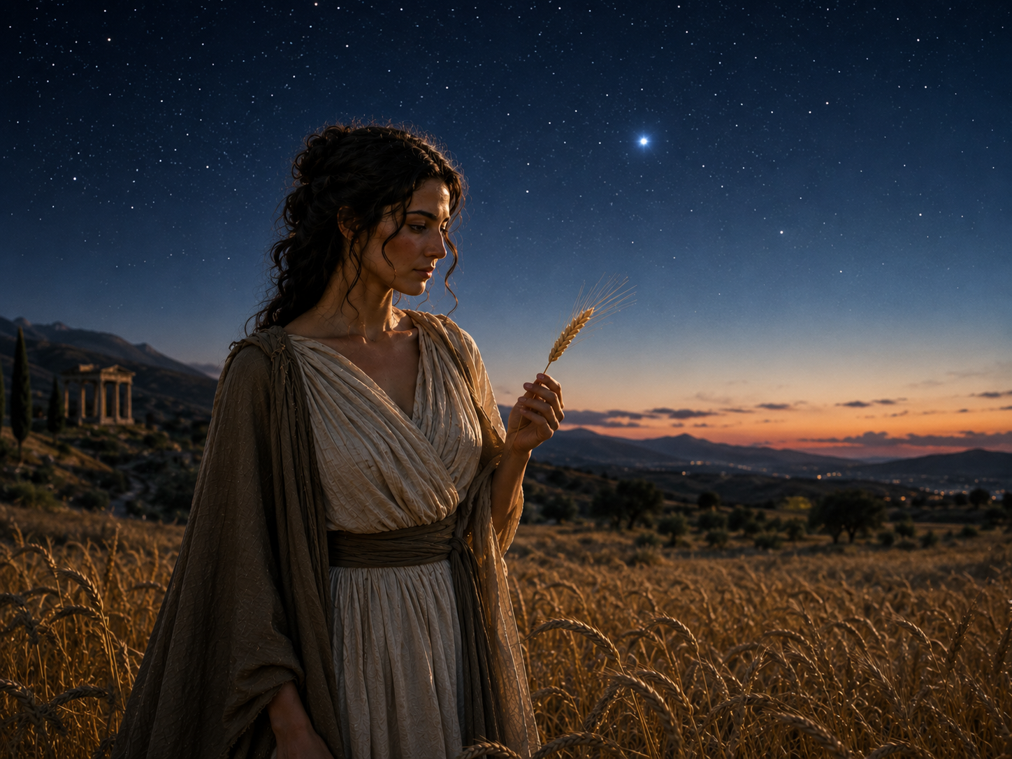 Goddess Astraea in a wheat field at night