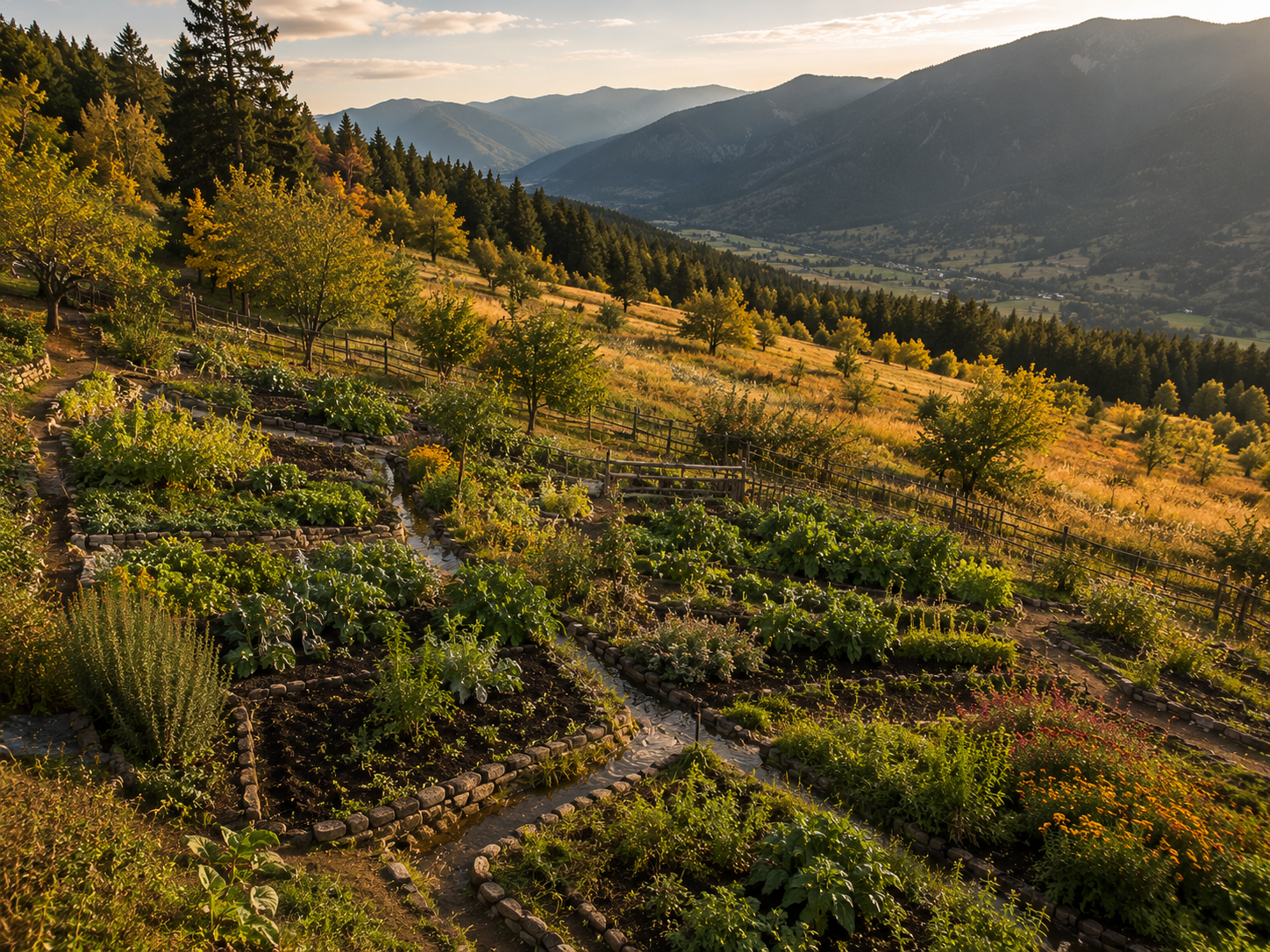 a garden on a hill in a mountain valley landscape