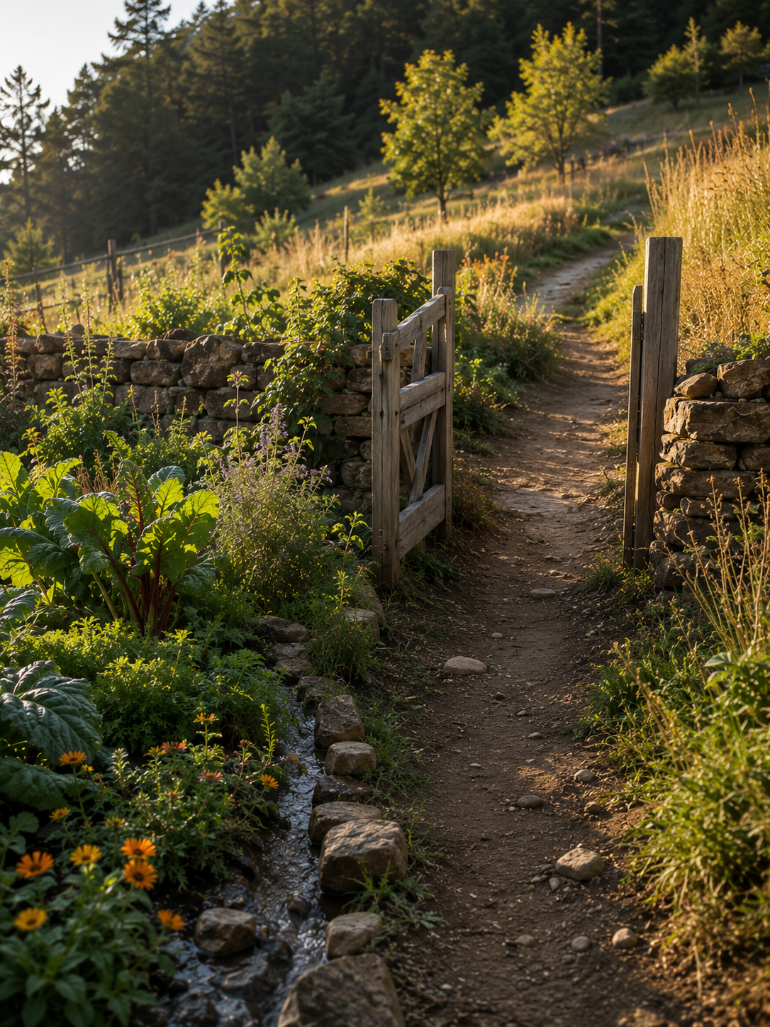 a garden gate in the mountains