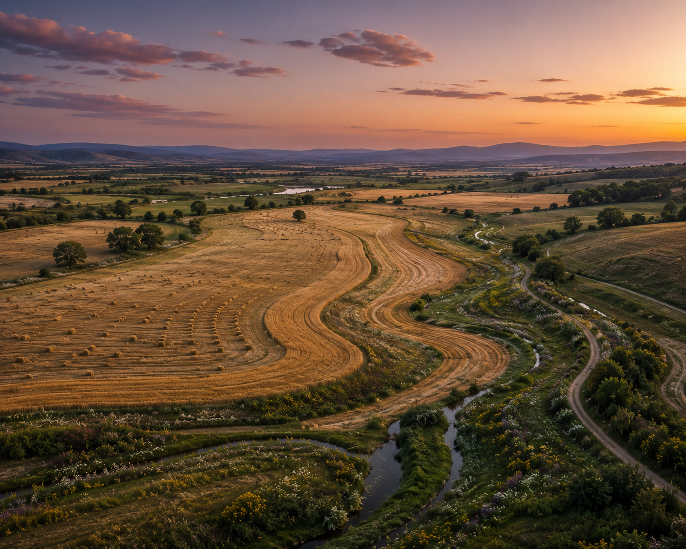 fields being harvested in late summer