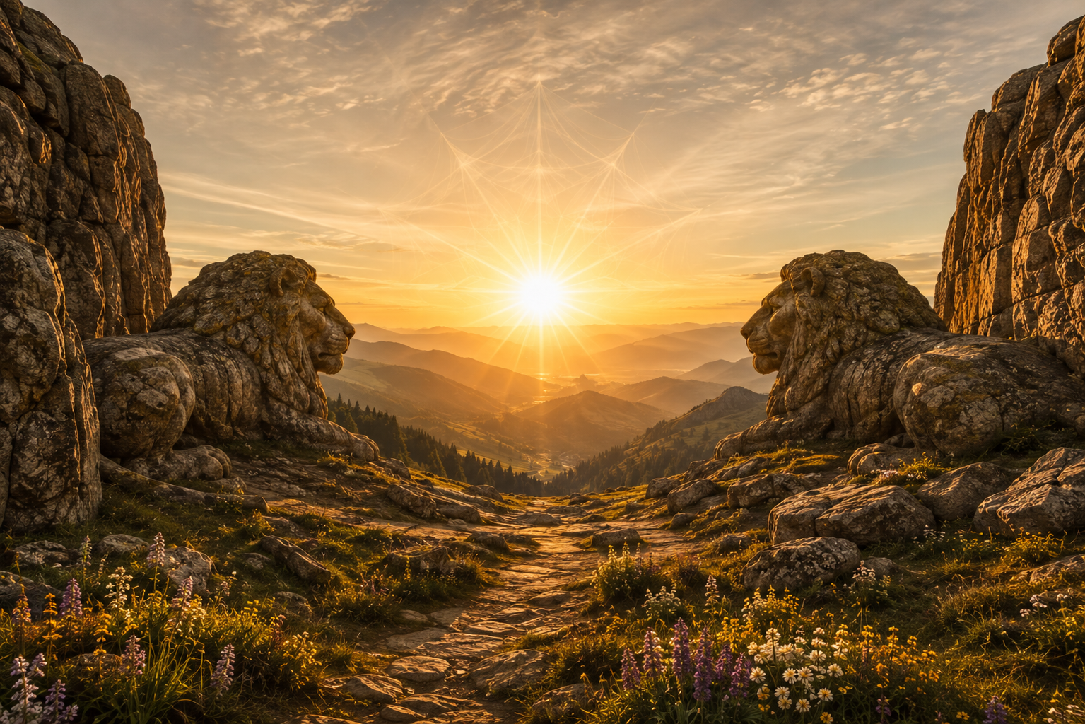 Stone lions guard a path for the lion's gate portal and summer harvest
