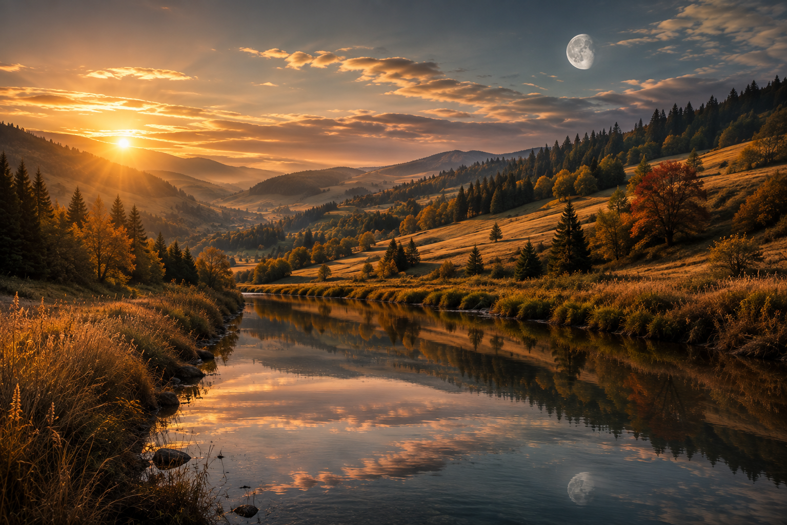 quarter moon over a river