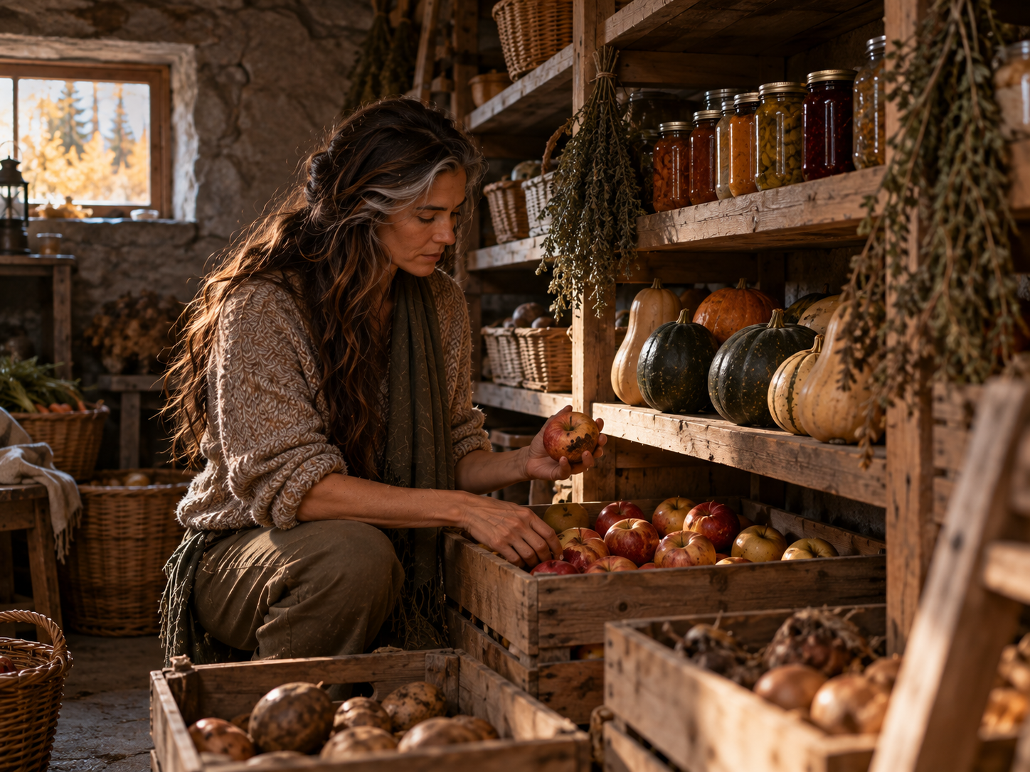 Woman in her pantry with her harvest