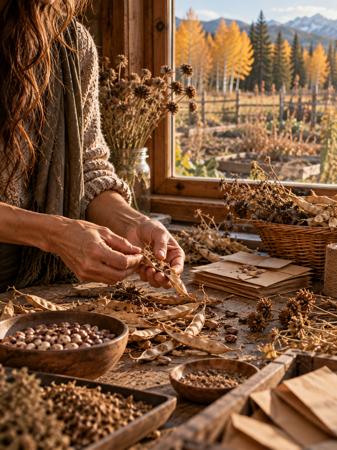 Woman harvesting seeds in autumn