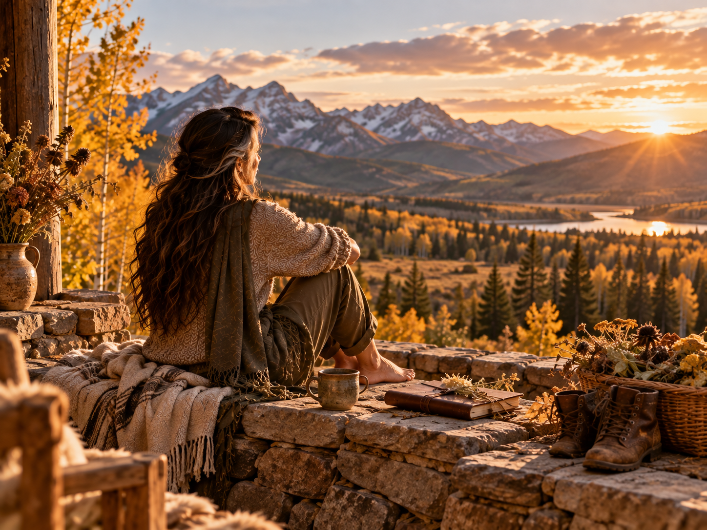 Woman takes in a beautiful mountain view in autumn