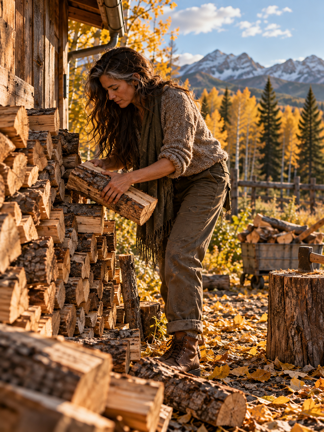 Woman staking firewood in the fall
