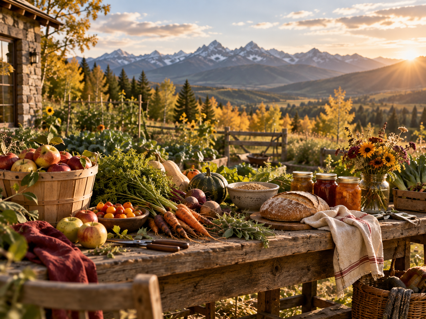 harvest table in mountain valley