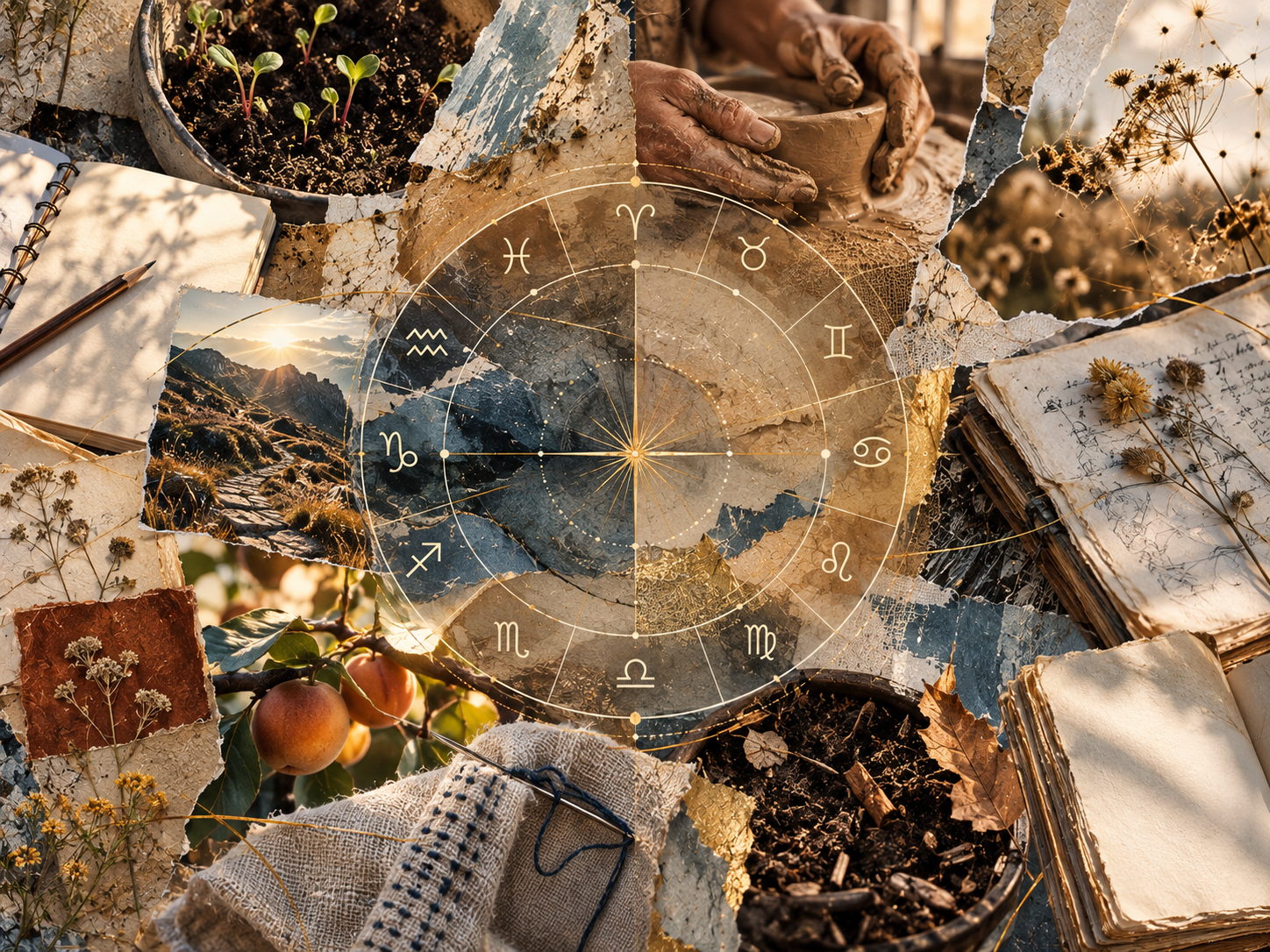 A collage featuring various elements of nature, including seedlings, a sunset over mountains, pottery making, and handwritten notes. The design incorporates astrological symbols and textures of paper and fabric.