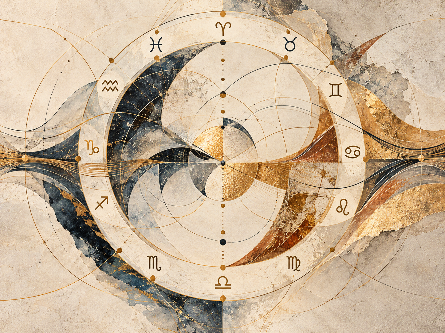 A decorative astrological chart featuring zodiac signs and intricate geometric patterns in gold, black, and earthy tones